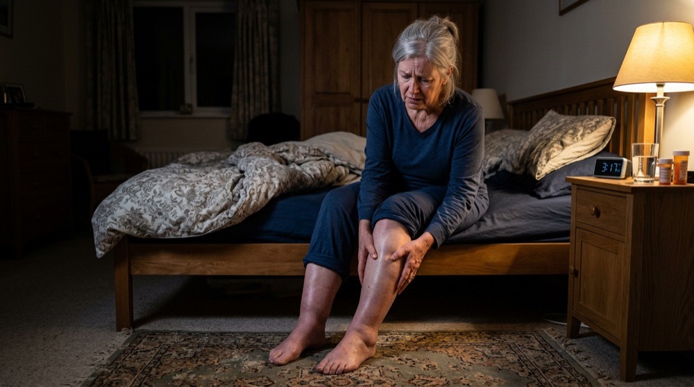 A woman sitting on the edge of her bed at night, resting a hand on her lower leg